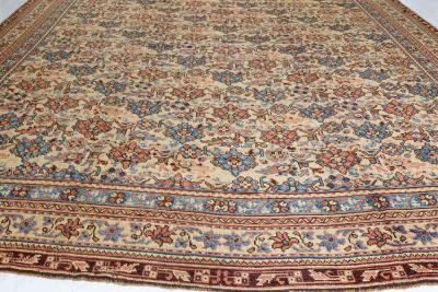 Authentic 1900s Turkish Oushak Botanic Blue Beige Pink Handmade Wool Carpet