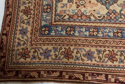 Authentic 1900s Turkish Oushak Botanic Blue Beige Pink Handmade Wool Carpet
