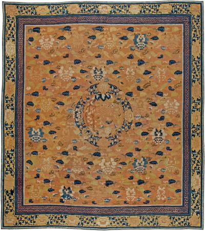 Authentic 19th Century Chinese Beige Brown Blue and White Handwoven Wool Rug