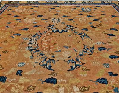 Authentic 19th Century Chinese Beige Brown Blue and White Handwoven Wool Rug