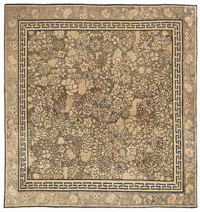 Authentic 19th Century Chinese Blue and Purple Handwoven Wool Carpet