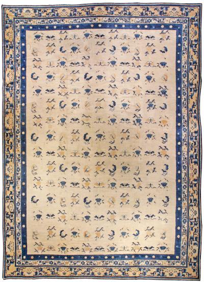 Authentic 19th Century Chinese Botanic Beige Blue Handmade Wool Carpet