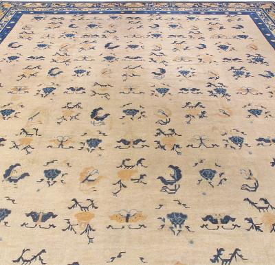 Authentic 19th Century Chinese Botanic Beige Blue Handmade Wool Carpet