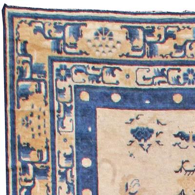 Authentic 19th Century Chinese Botanic Beige Blue Handmade Wool Carpet