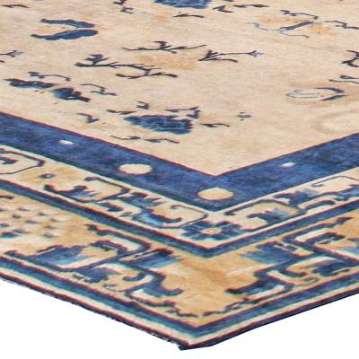 Authentic 19th Century Chinese Botanic Beige Blue Handmade Wool Carpet