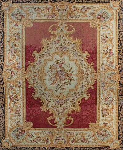 Authentic 19th Century Floral French Aubusson Beige Black Brown Gold Pink Rug