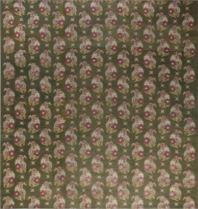 Authentic 19th Century French Aubusson Green Pink Handmade Rug