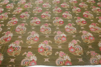Authentic 19th Century French Aubusson Green Pink Handmade Rug