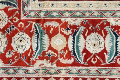 Authentic 19th Century Indian Agra Floral Green Red Handmade Wool Carpet