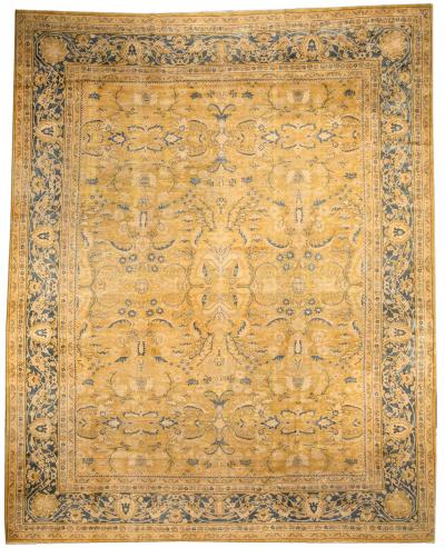 Authentic 19th Century Indian Yellow Beige Botanic Handmade Wool Rug
