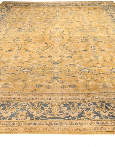Authentic 19th Century Indian Yellow Beige Botanic Handmade Wool Rug