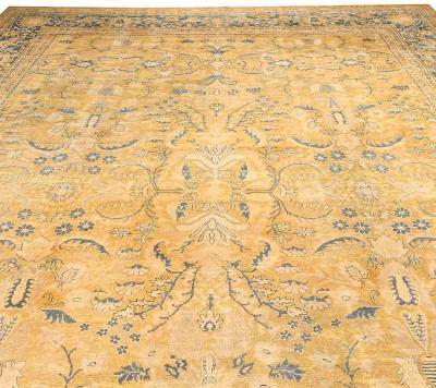 Authentic 19th Century Indian Yellow Beige Botanic Handmade Wool Rug