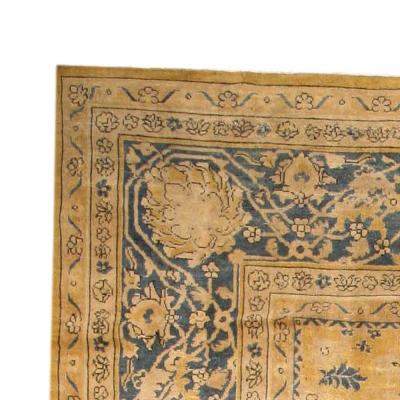 Authentic 19th Century Indian Yellow Beige Botanic Handmade Wool Rug