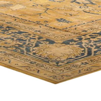 Authentic 19th Century Indian Yellow Beige Botanic Handmade Wool Rug