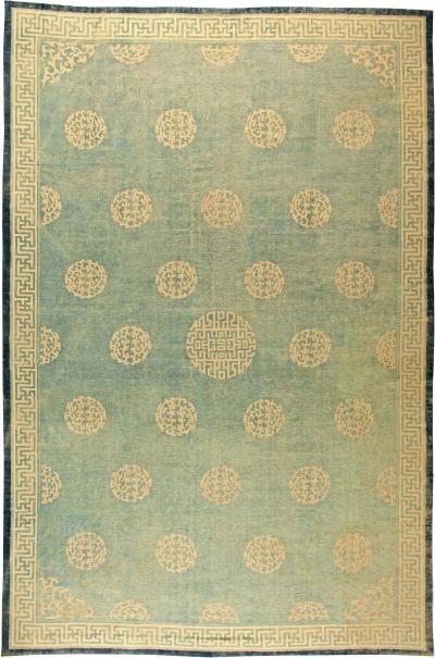 Authentic 19th Century Large Chinese Green Handwoven Wool Rug Size Adjusted 