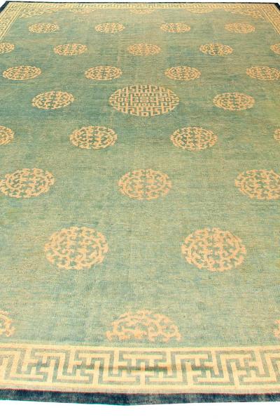 Authentic 19th Century Large Chinese Green Handwoven Wool Rug Size Adjusted 