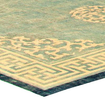 Authentic 19th Century Large Chinese Green Handwoven Wool Rug Size Adjusted 