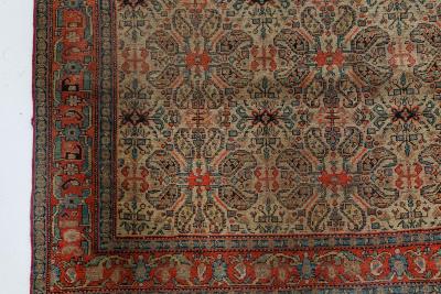 Authentic 19th Century Persian Senneh Botanic Blue Red Beige Handmade Wool Rug