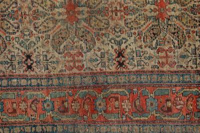 Authentic 19th Century Persian Senneh Botanic Blue Red Beige Handmade Wool Rug