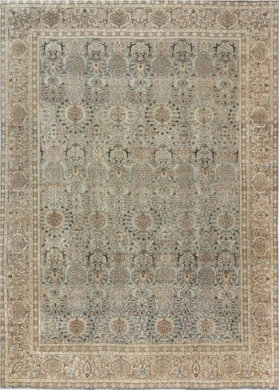 Authentic 19th Century Persian Tabriz Beige Blue Brown Wool Carpet