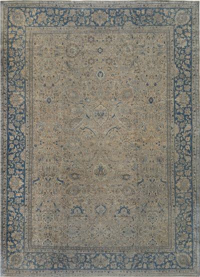 Authentic 19th Century Persian Tabriz Beige Brown Blue Handmade Wool Carpet