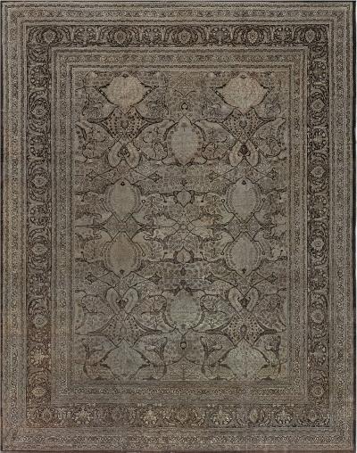 Authentic 19th Century Persian Tabriz Botanic Beige Brown Carpet