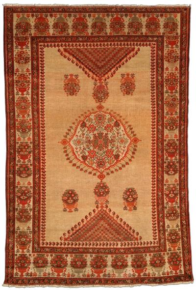 Authentic 19th Century Sarouk Handmade Wool Rug in Beige Orange and Red