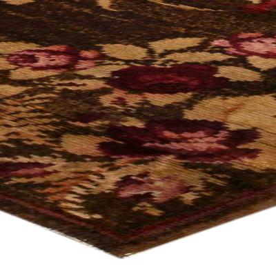 Authentic 19th Century Ukrainian Floral Brown Handwoven Wool Rug