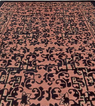 Authentic Early 20th Century Chinese Black and PalePink Wool Rug