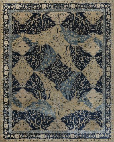 Authentic Early 20th Century Indian Lahore Blue Yellow Handmade Wool Carpet