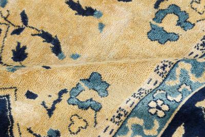 Authentic Early 20th Century Indian Lahore Blue Yellow Handmade Wool Carpet