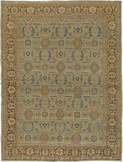 Authentic Early 20th Century Persian Tabriz Beige Brown Green Handmade Wool Rug