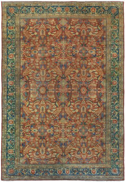 Authentic Indian Red Blue Botanic Handmade Wool Rug