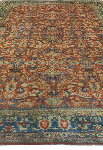 Authentic Indian Red Blue Botanic Handmade Wool Rug