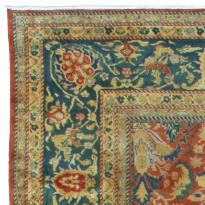 Authentic Indian Red Blue Botanic Handmade Wool Rug