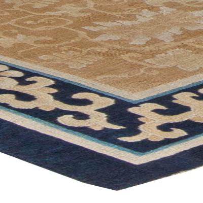 Authentic Mid 19th Century Chinese Beige and Dark Blue Handwoven Wool Rug