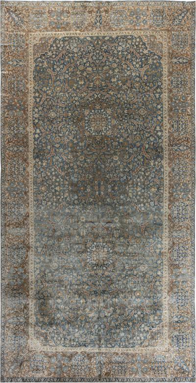 Authentic Persian Kirman Green Blue Brown Handmade Wool Rug