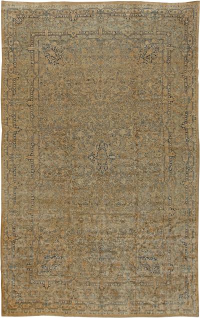 Authentic Persian Kirman Yellow Green Blue Handmade Wool Rug