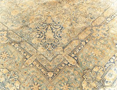 Authentic Persian Kirman Yellow Green Blue Handmade Wool Rug
