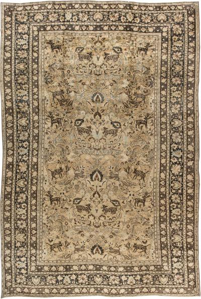 Authentic Persian Meshad Animal Botanic Design Handmade Wool Rug