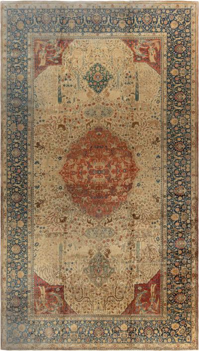 Authentic Persian Tabriz Beige Blue Red Handwoven Wool Carpet