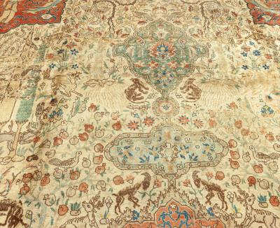 Authentic Persian Tabriz Beige Blue Red Handwoven Wool Carpet