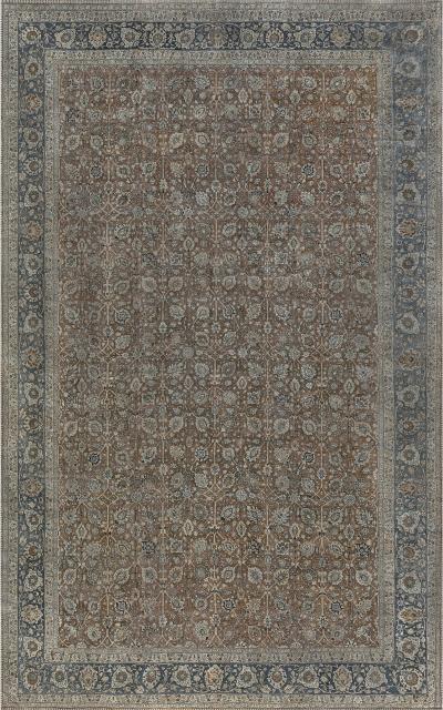 Authentic Persian Tabriz Brown Blue Handmade Wool Carpet