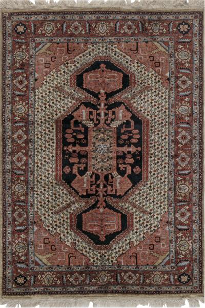 Authentic Persian Tabriz Handmade Silk Rug in Beige Blue and Red