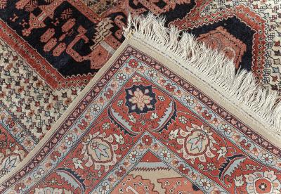 Authentic Persian Tabriz Handmade Silk Rug in Beige Blue and Red