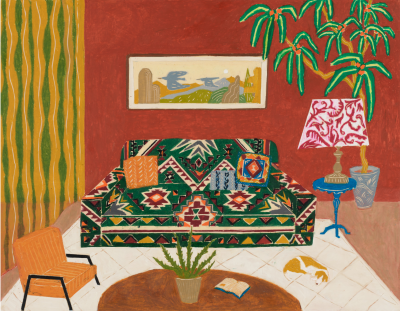 Ayano Tamuro Room With Reddish Brown Walls and Green Patterned Sofa 2024