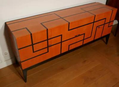 Aymeric Lefort Buffet Filets in Hermes Orange and Black Sycamore Marquetery by Aymeric Lefort