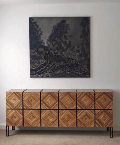 Aymeric Lefort Buffet Losange Three Doors in Zebrano and Black Metal Legs