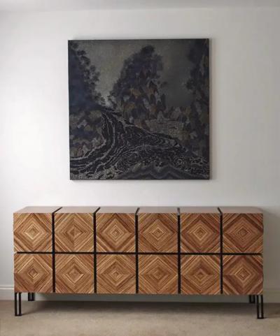 Aymeric Lefort Buffet Losange Three Doors in Zebrano and Black Metal Legs