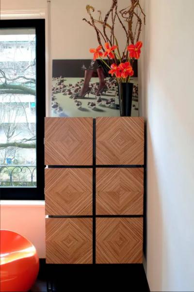 Aymeric Lefort Buffet Losange Three Doors in Zebrano and Black Metal Legs